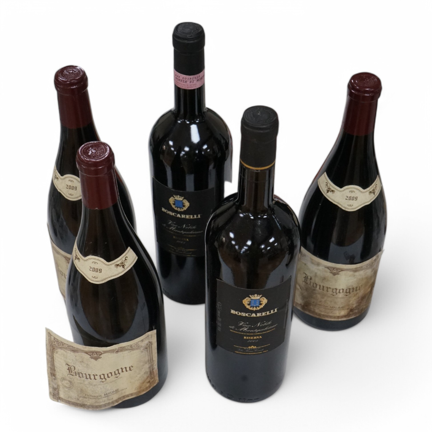 Three magnums of Bourgogne, 2009, domaine Maume, together with two magnums of Boscarelli Riserva, 2003.